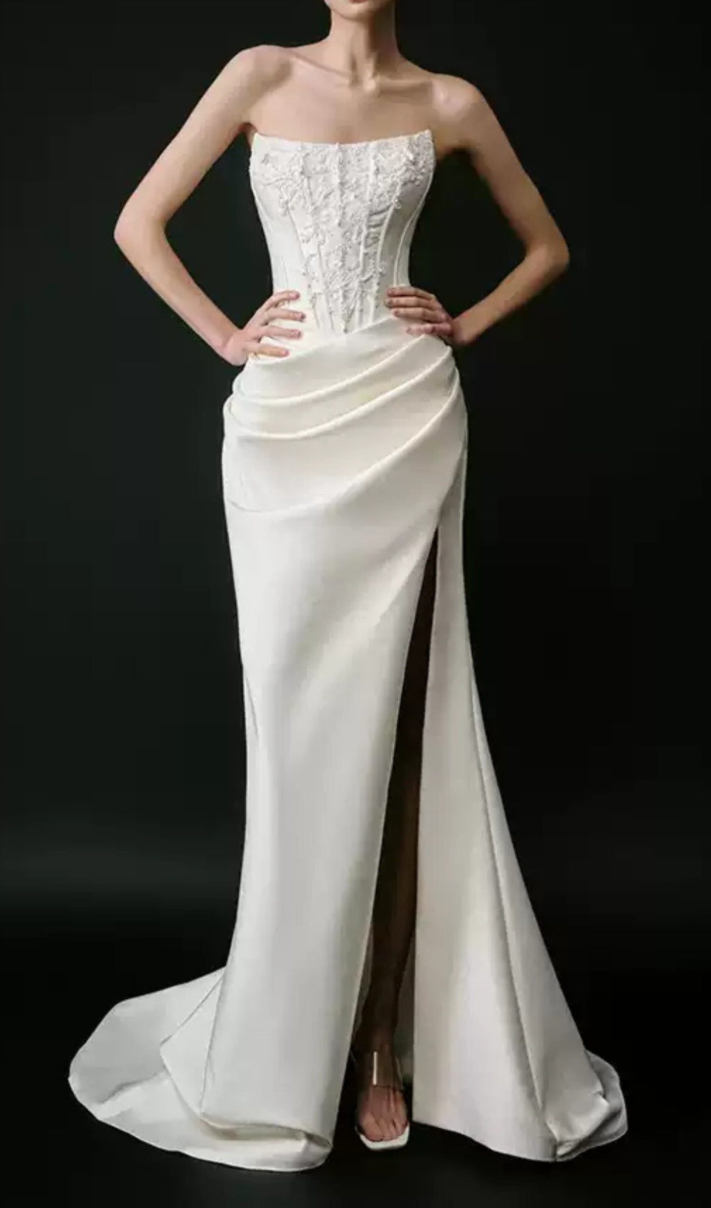 Caetana Glamour White Satin Strapless Corset Maxi Gown with Thigh-High Slit