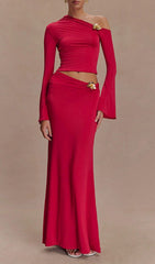 Elmarie Ruby Red One-Shoulder Maxi Skirt Set with Gold Floral Brooches