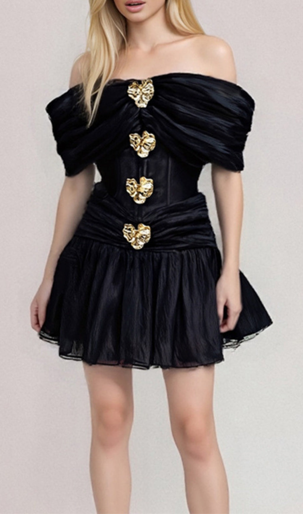 Eirwen Black Off-Shoulder Mini Dress with Ornate Gold Embellishments