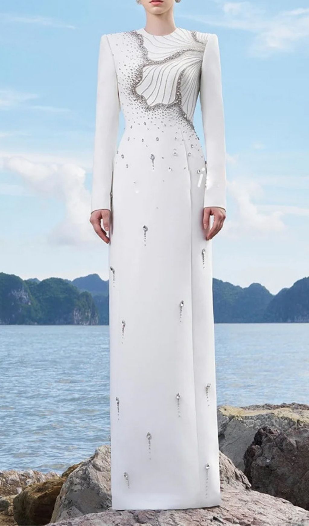Josephe Dazzling White Diamante Long Sleeve Maxi Gown