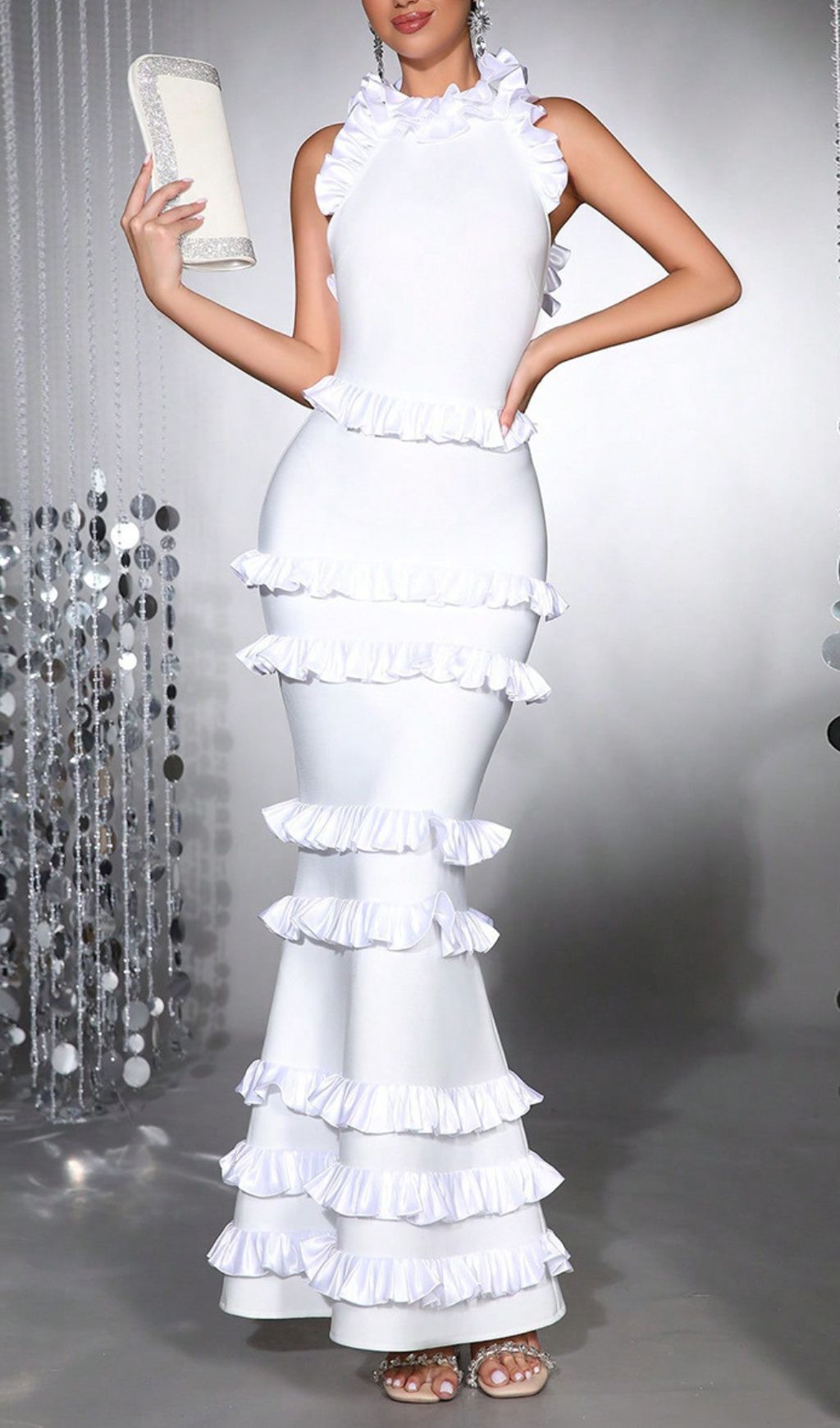 Haina White Halter Ruffle Bandage Maxi Dress