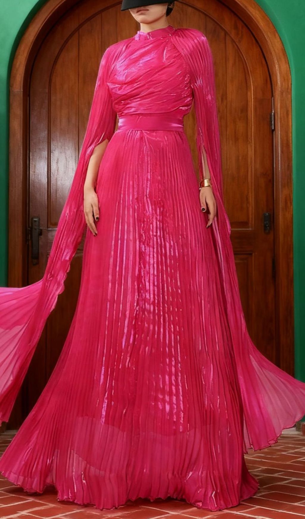 Hodaya Vibrant Pink Pleated Long Sleeve Maxi Dress