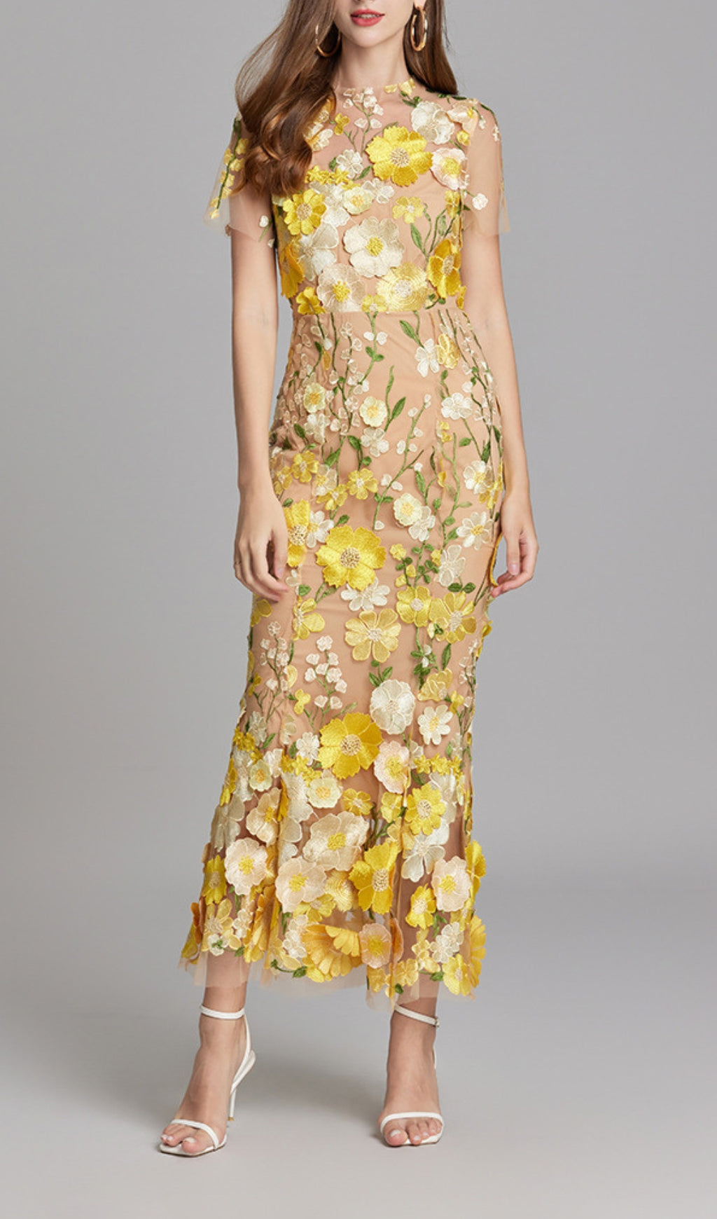 Elegant Yellow Floral Embroidered Sheer Mesh Fishtail Midi Dress