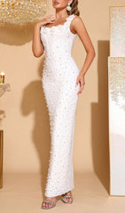 Habiba White Pearl & Floral Beaded Bandage Maxi Gown