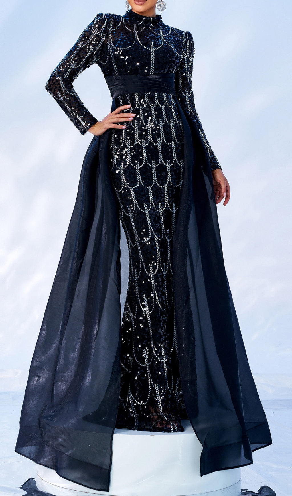 Concha Black Sequin Long Sleeve Maxi Gown