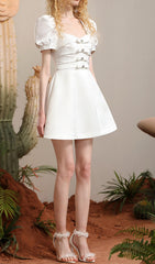 Conal White Sweetheart Bow Puff Sleeve Mini Dress