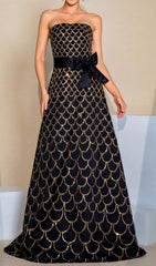 Cammy Black & Gold Scallop Sequin Strapless Maxi Gown