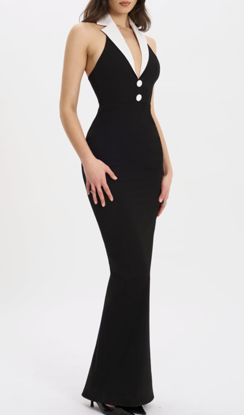 Gaetane Black Halter Maxi Dress with White Collar