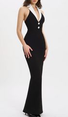Gaetane Black Halter Maxi Dress with White Collar