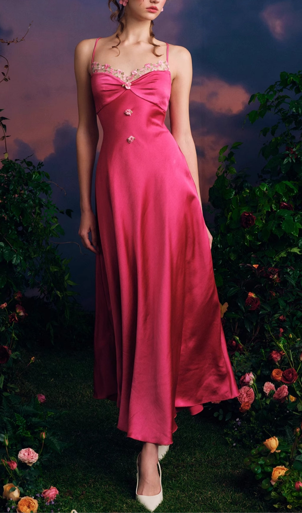 Ehawee Enchanting Rose Red Satin Maxi Dress with Delicate Floral Embroidery
