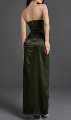 Chic Olive Green Strapless Satin Maxi Dress