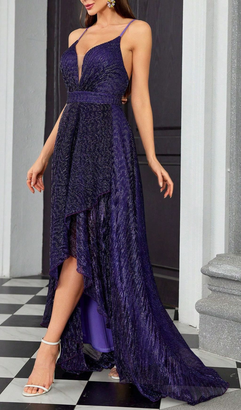 Halle Glamorous Purple Sparkle High-Low Maxi Dress