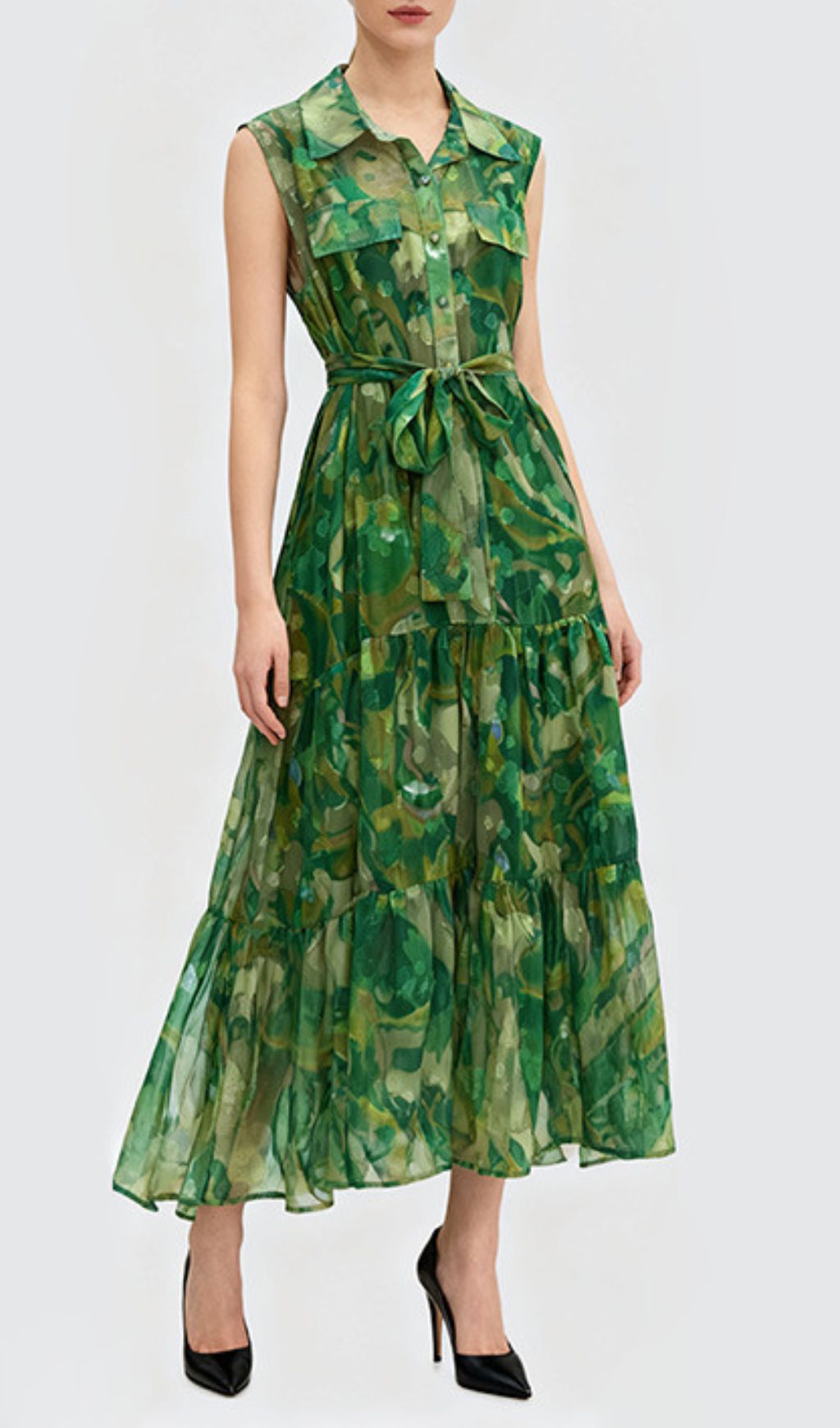 Jaap Vibrant Green Abstract Print Sleeveless Midi Dress