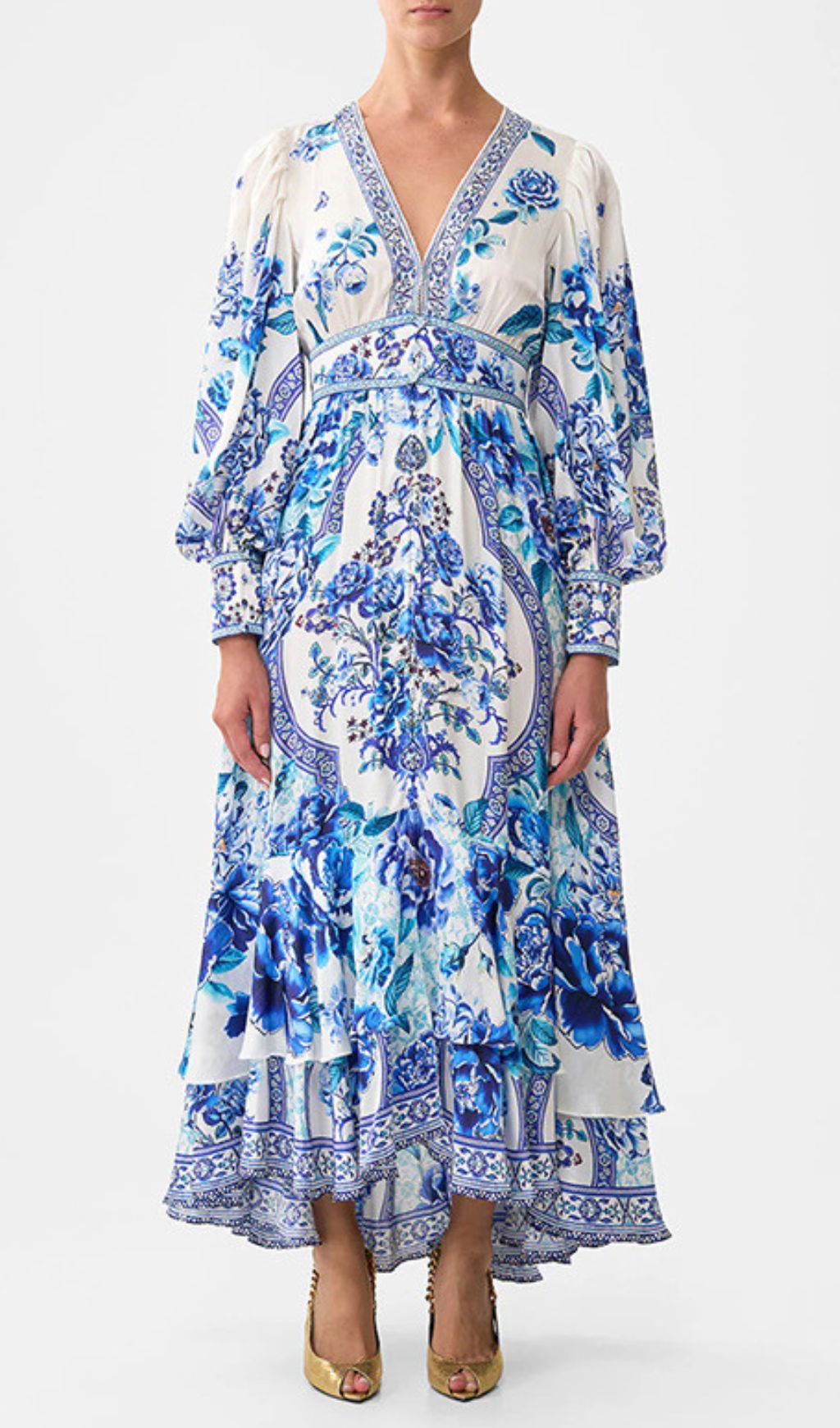 Jalie Elegant Blue Floral Porcelain Print Long Sleeve Maxi Dress