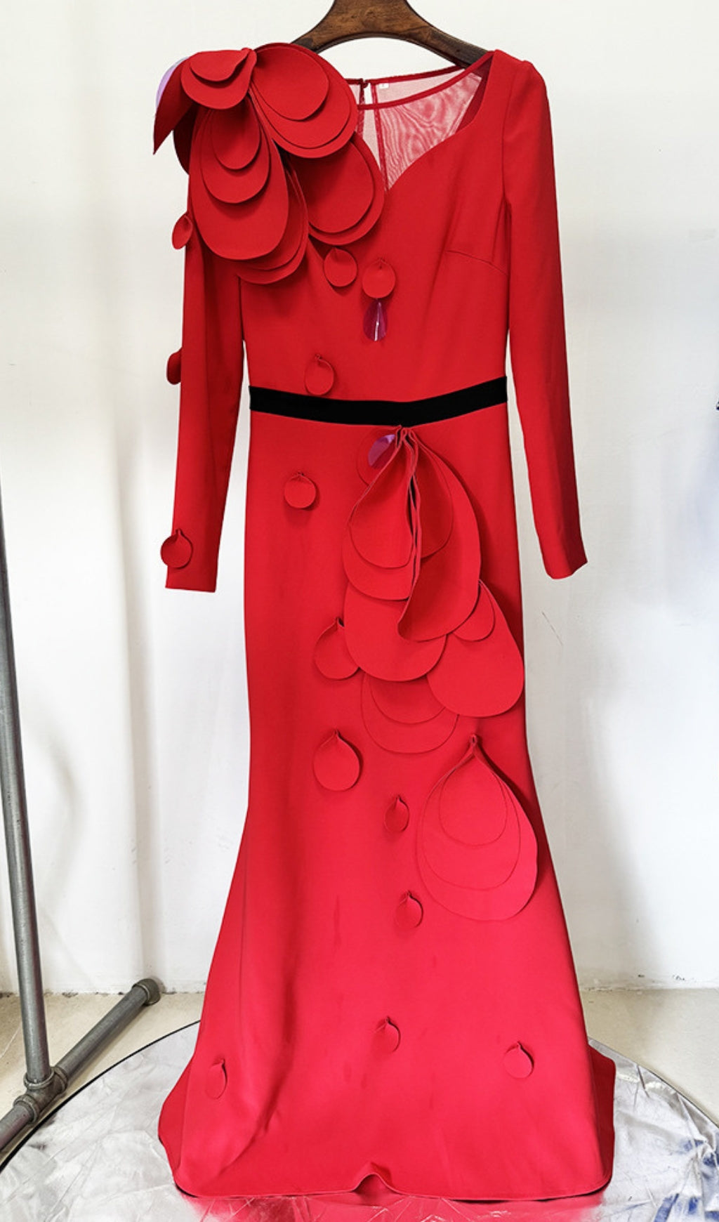 Dilan Red Floral Embellished Long Sleeve Maxi Gown