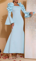 Hatice Blue Floral Bell Sleeve Maxi Gown