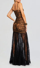 Cecily Black Lace & Nude Bustier Maxi Dress