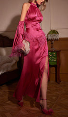 Astra Pink Halterneck Feathered Satin Gown