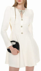 Elegant White Tweed Bow Mini Dress