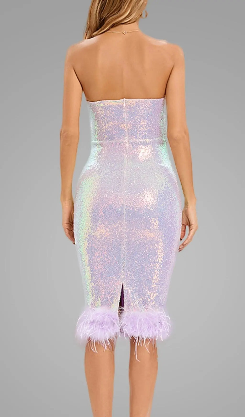 Glamorous Iridescent Purple Sequin Feather Strapless Midi Dress