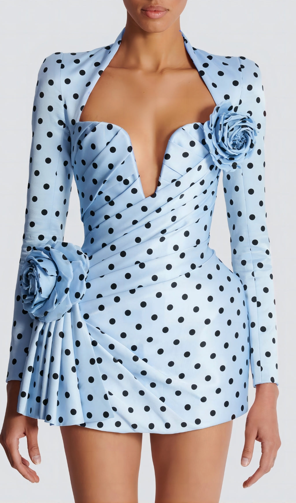 Sky Blue Polka Dot Plunge Mini Dress with Statement Rosettes