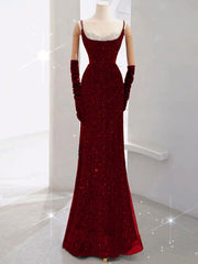Wine Red Sequins Mermaid Straps Long Formal Dress