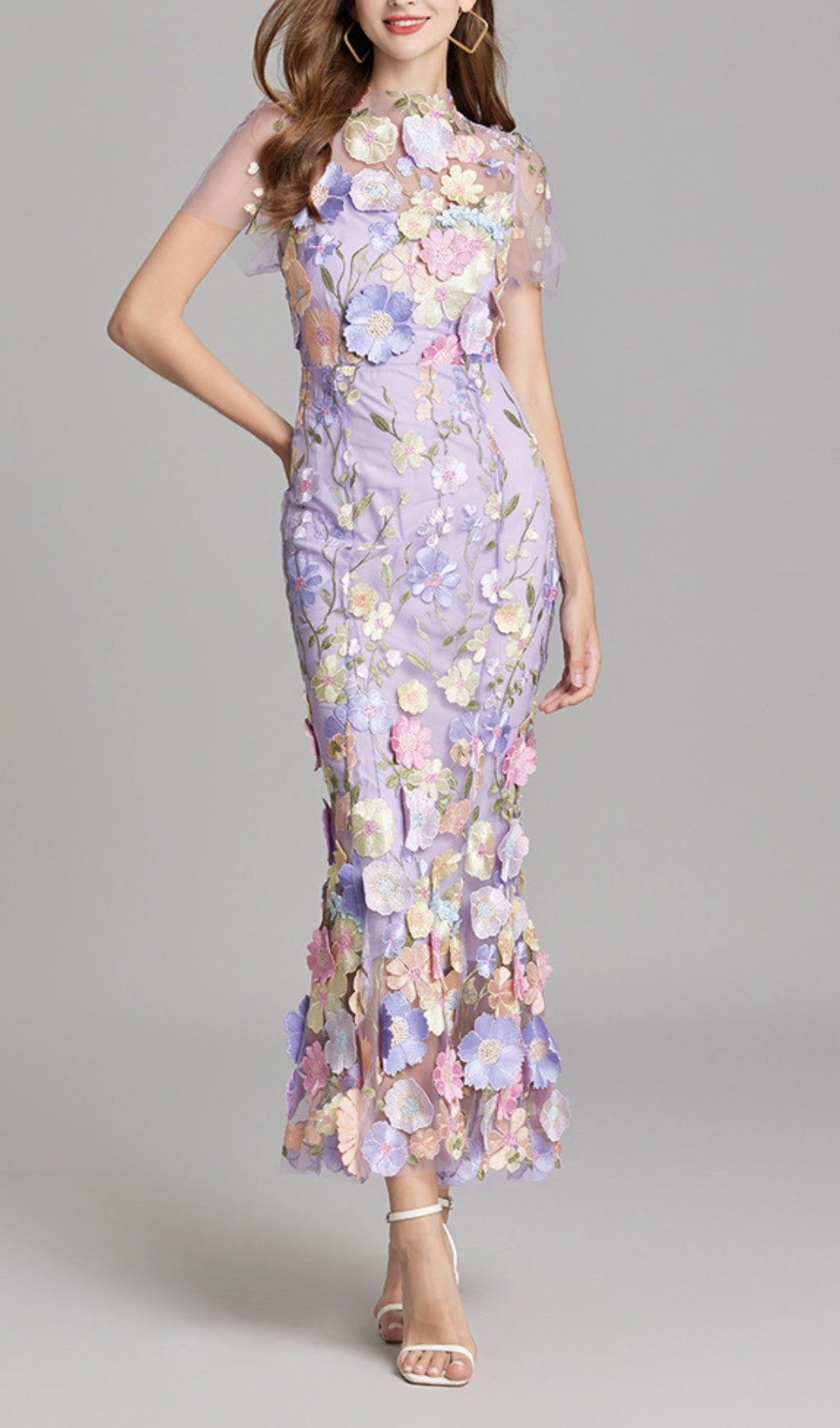 Elegant Lavender Floral Appliqu Mesh Midi Dress