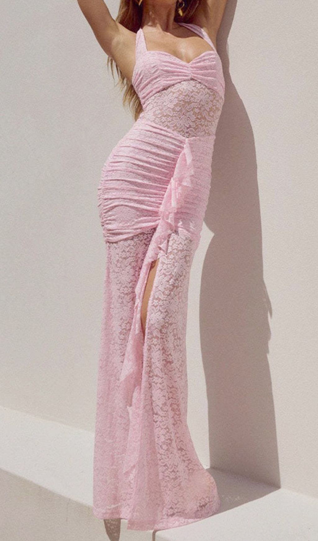 Fusayo Blush Pink Halter Ruched Lace Maxi Dress with Slit
