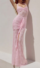 Fusayo Blush Pink Halter Ruched Lace Maxi Dress with Slit