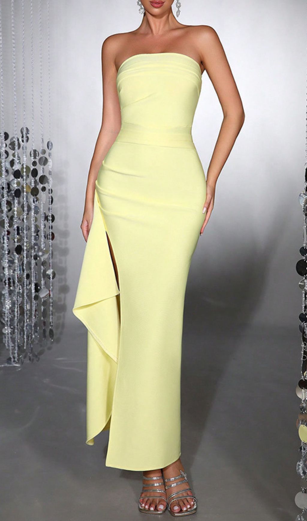 Halszka Lemon Yellow Strapless Bandage Maxi Gown with High Slit