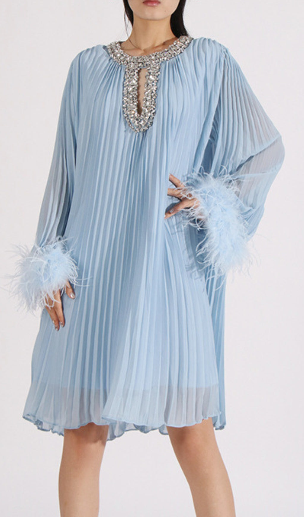 Dazzling Sky Blue Pleated Mini Dress with Feather Cuffs & Crystal Neckline