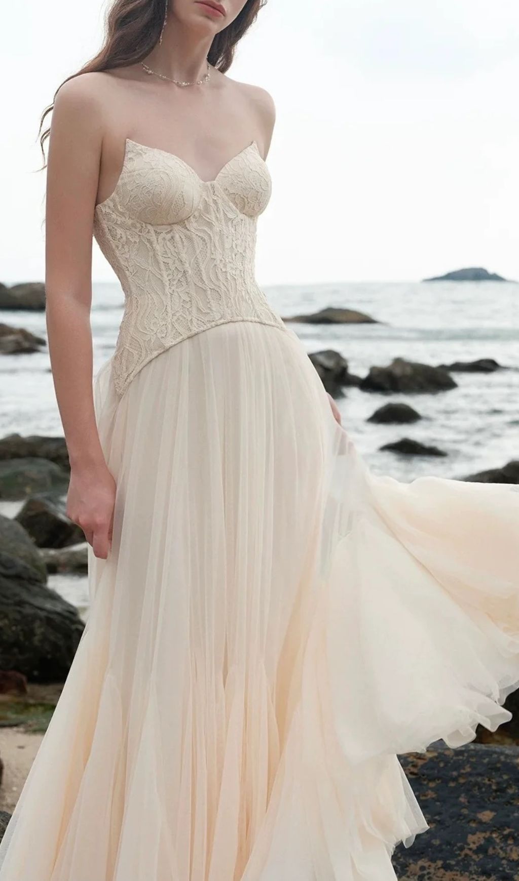 Finja Ethereal Apricot Strapless Corset Mesh Maxi Dress