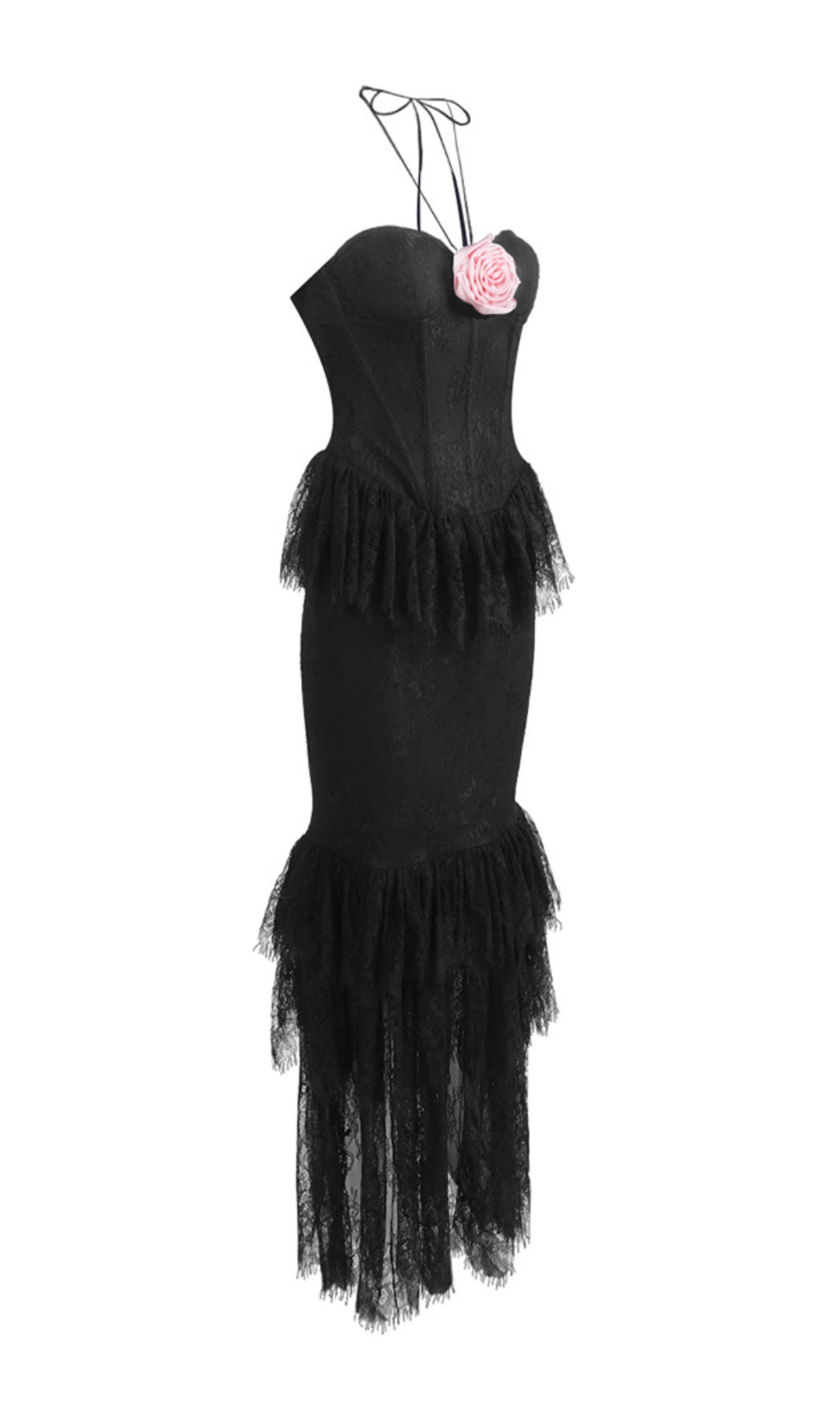 Exquisite Black Lace Ruffle Maxi Dress