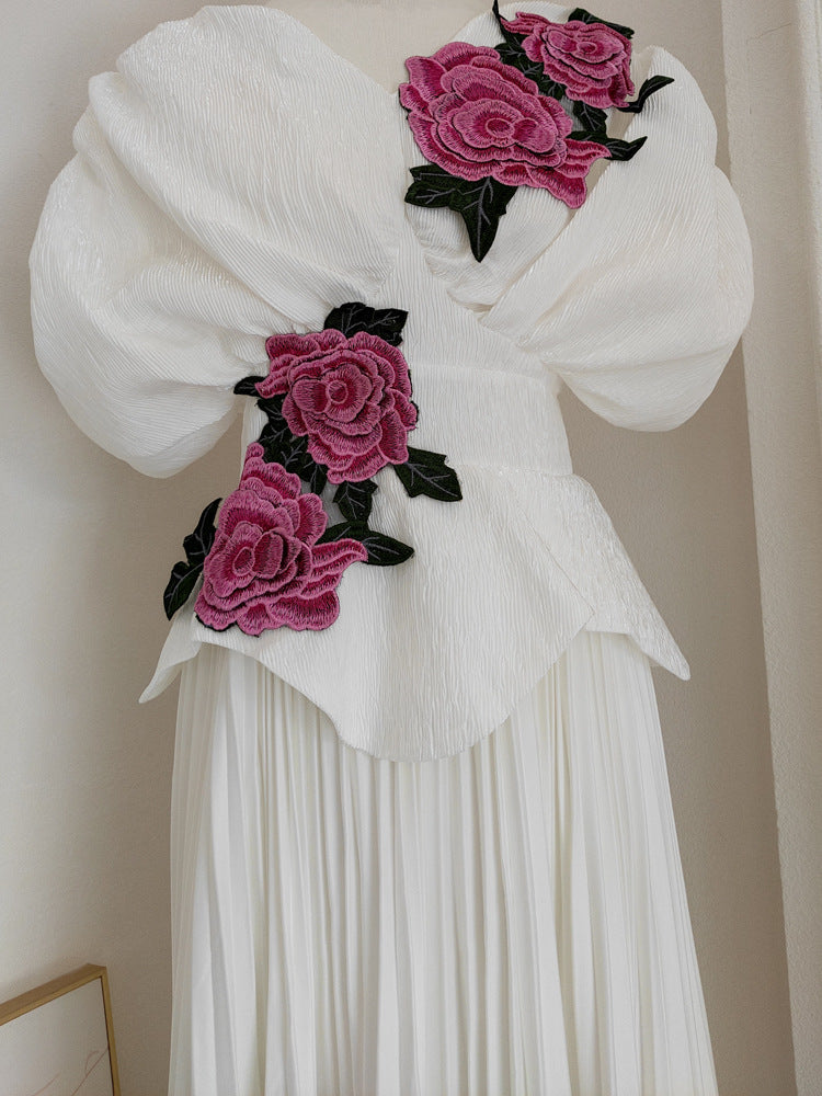 Fran White Floral Appliqu & Pleated Maxi Dress