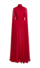 Françoise Glamorous Red Pleated Maxi Gown with Flowing Cape