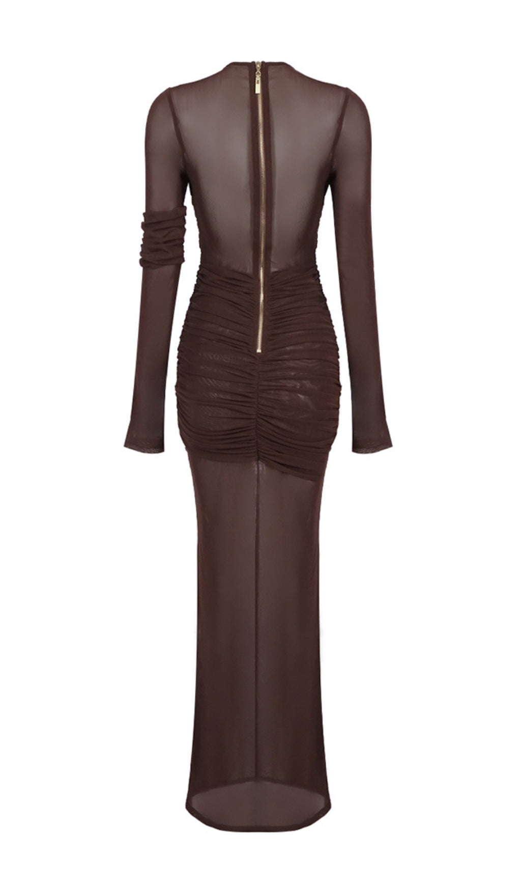 Sultry Bronze Draped Mesh Maxi Dress