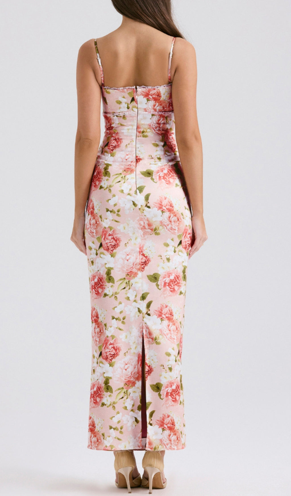 Beasley Pink Peony Print Satin Maxi Dress with Lace Trim & Slit