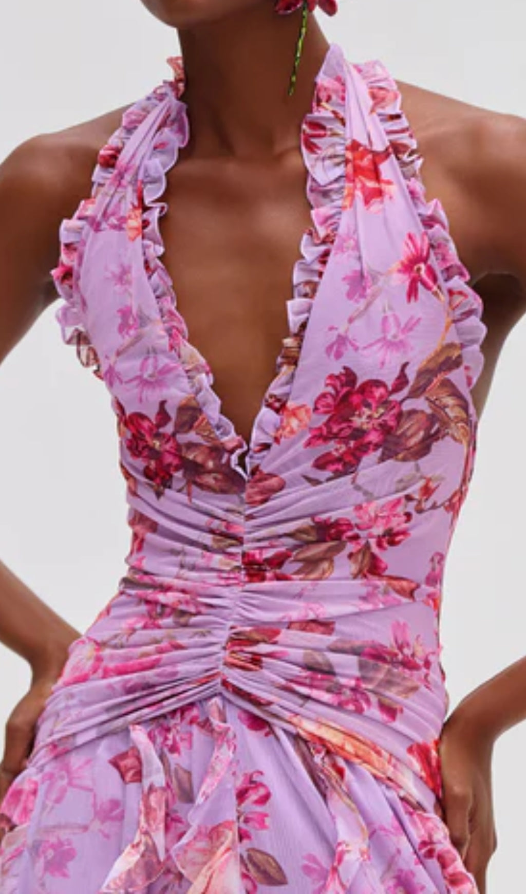 Delicah Enchanting Lavender Pink Floral Ruffle Halter Maxi Dress