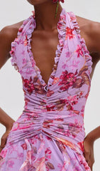 Delicah Enchanting Lavender Pink Floral Ruffle Halter Maxi Dress