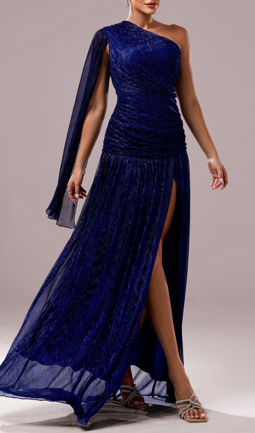 Fumiye One-Shoulder Shimmer Slit Maxi Dress