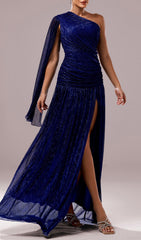 Fumiye One-Shoulder Shimmer Slit Maxi Dress