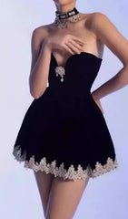 Eirene Black Lace & Crystal Embellished Mini Dress