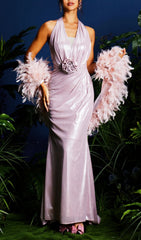 Lahela Glamour Shimmer Halter Maxi Dress with 3D Flower & Feather Shrug