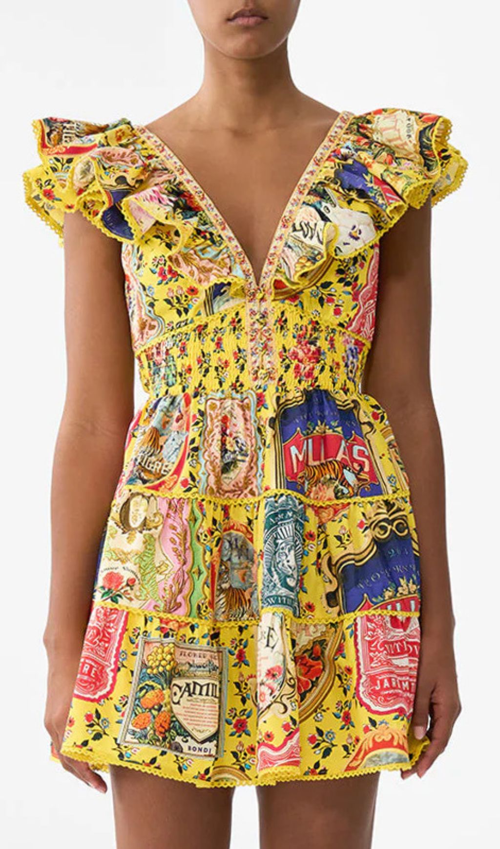 Gelsey Vibrant Yellow Patchwork Print V-Neck Ruffle Mini Dress