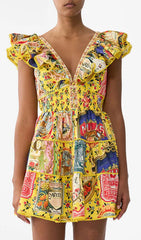 Gelsey Vibrant Yellow Patchwork Print V-Neck Ruffle Mini Dress