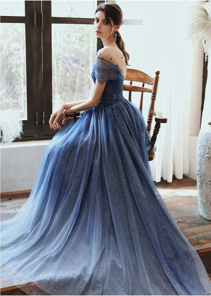 Unique Tulle Beaded Gradient A-line Sweetheart Long Prom Dress