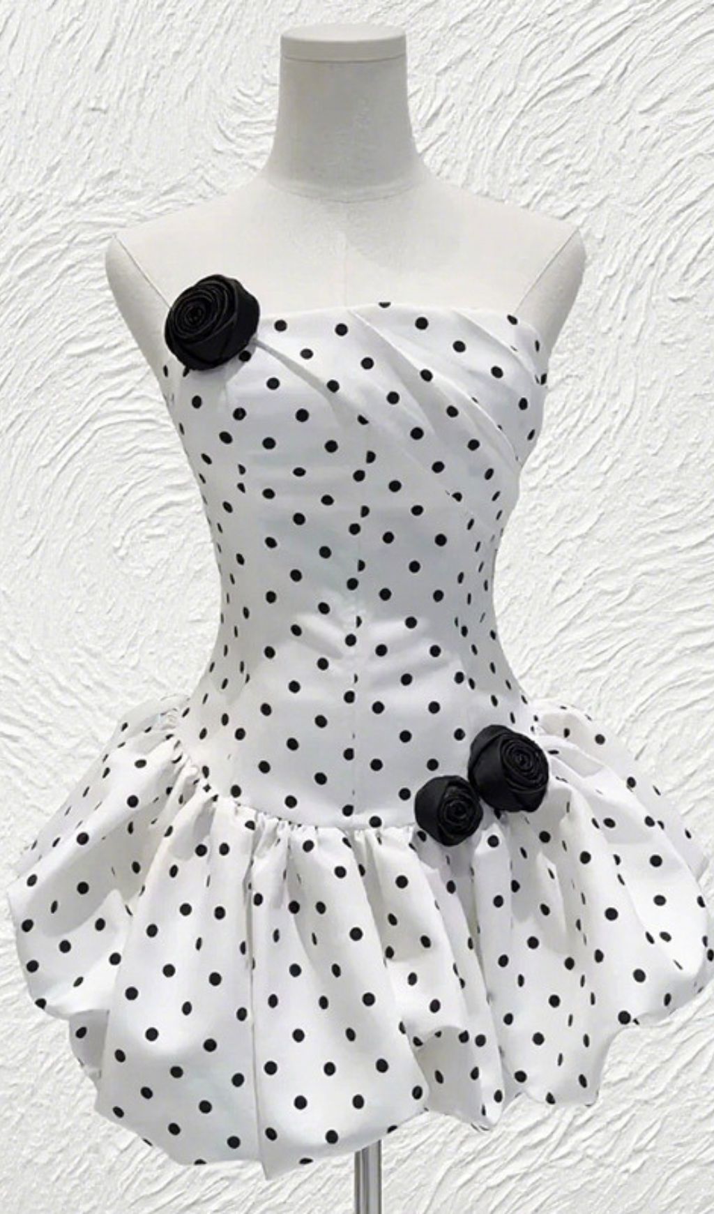 Hayfa Polka Dot Strapless Mini Dress with Floral Appliqus