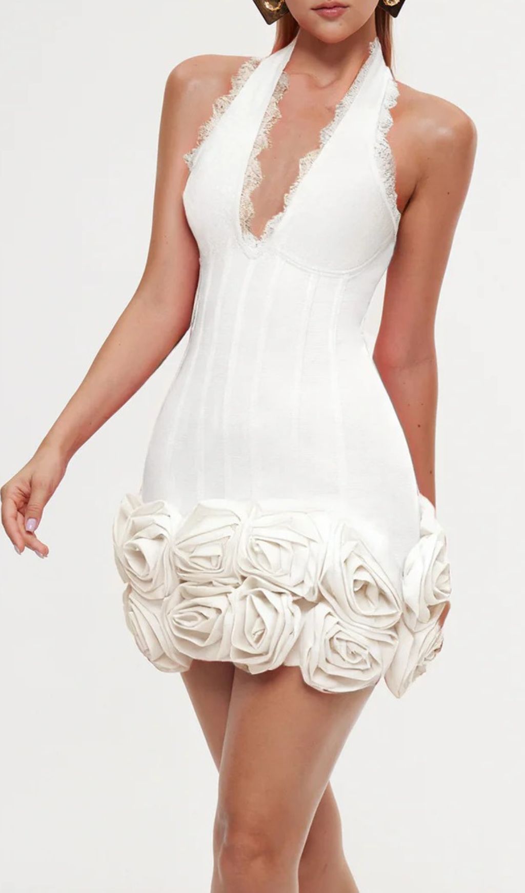 Emanar White Floral Halterneck Bandage Mini Dress