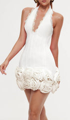 Emanar White Floral Halterneck Bandage Mini Dress