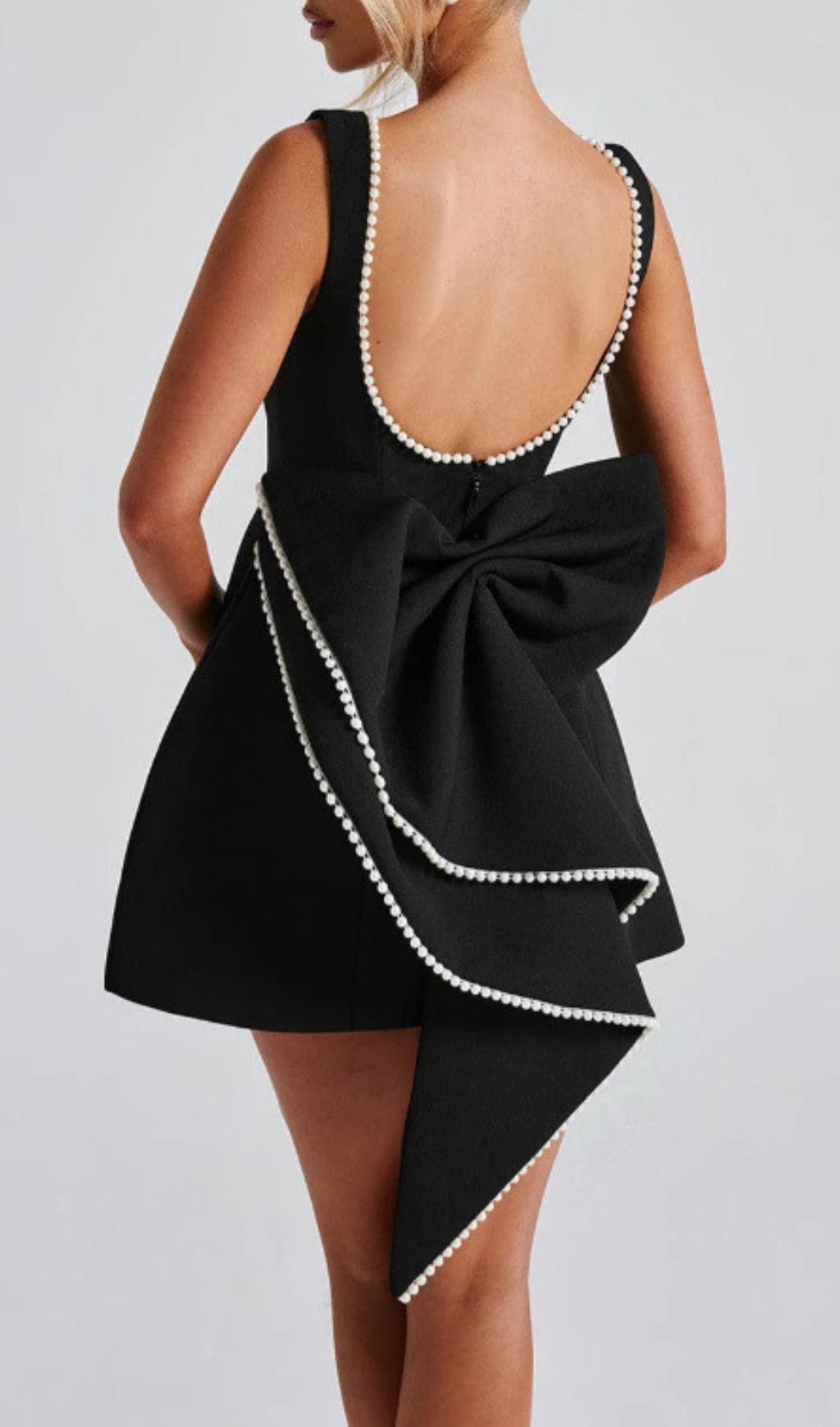 Eimear Black Satin Pearl Bow Backless Mini Dress